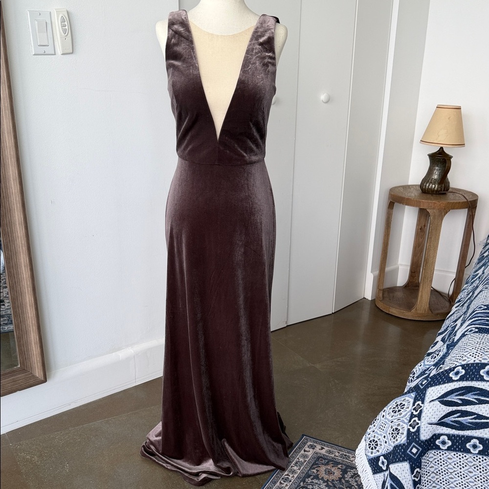 Jenny Yoo Plum Velvet Maxi Gown with Deep V